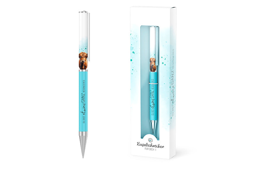 Geschenk für Dich Kugelschreiber „Du bist etwas ganz Besonderes“ mit süßem Hochlandrind-Motiv, Edelstahlgehäuse, blauer Mine und Geschenkverpackung.