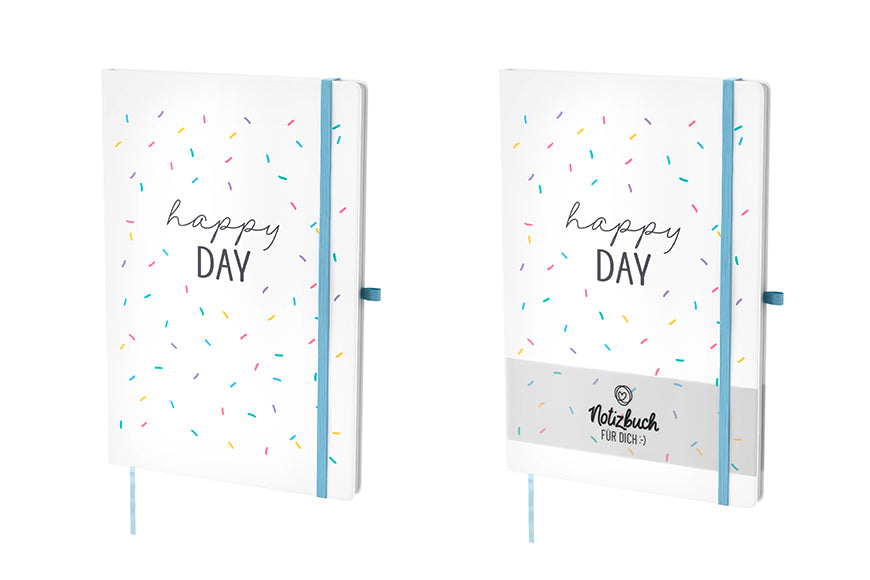 Hardcover-Notizbuch „Happy Day“ in Weiß mit buntem Konfetti. 96 linierte Seiten, Lesezeichen & Stiftehalter von Geschenk für Dich