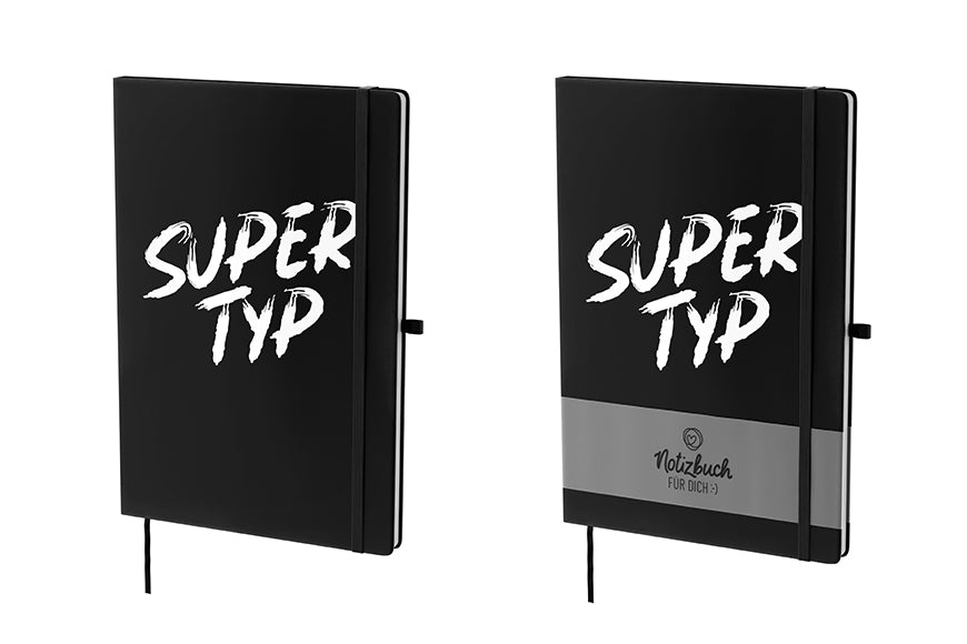 Schwarzes Hardcover-Notizbuch „Super Typ“ mit 96 linierten Seiten, Lesezeichen & Stiftehalter von Geschenk für Dich