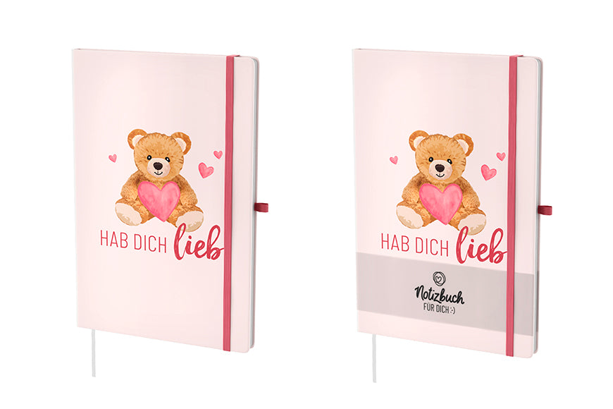 Rosa Hardcover-Notizbuch „Hab Dich lieb“ mit Teddy- & Herzmotiv. 96 linierte Seiten, Lesezeichen & Stiftehalter von Geschenk für Dich