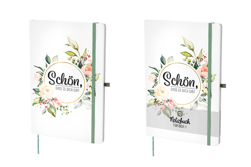 Weißes Hardcover-Notizbuch „Schön, dass es Dich gibt“ mit floralem Blumenkranz. 96 linierte Seiten, Lesezeichen & Stiftehalter von Geschenk für Dich