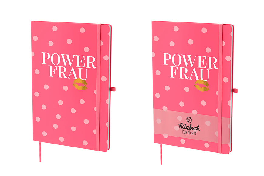 Pinkes Hardcover-Notizbuch „Power Frau“ mit goldenem Kussmund. Mit Lesezeichen & Stiftehalter von Geschenk für Dich