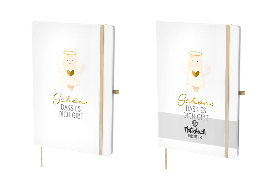 Weißes Hardcover-Notizbuch „Schön, dass es Dich gibt“ mit Engelmotiv und goldener Schrift. mit Lesezeichen & Stiftehalter von Geschenk für Dich