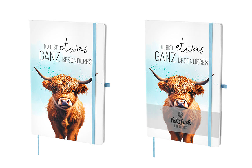 Hardcover-Notizbuch mit Hochlandrind-Motiv und Spruch „Du bist etwas ganz Besonderes“. 96 linierte Seiten, Lesezeichen & Stiftehalter von Geschenk für Dich
