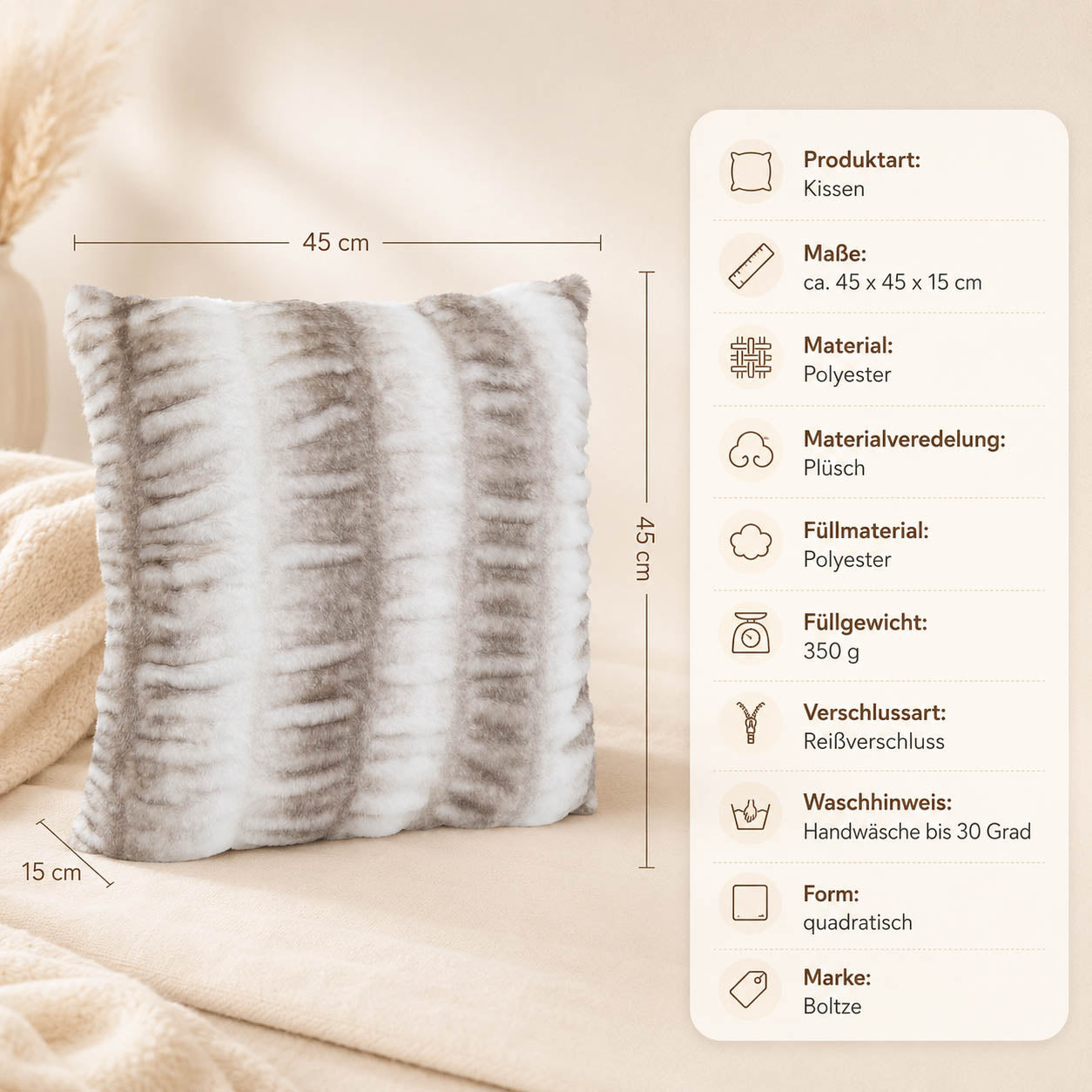Gestreiftes Kissen „Felvi" – Maße und Materialangaben