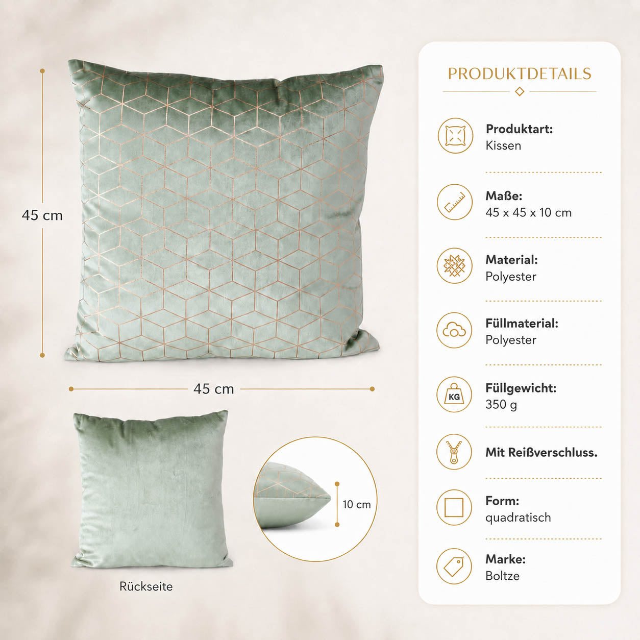 Produktdetails Dekokissen „Elise“ salbeigrün gold: 45 x 45 x 10 cm, Polyester, 350 g Füllung, mit Reißverschluss