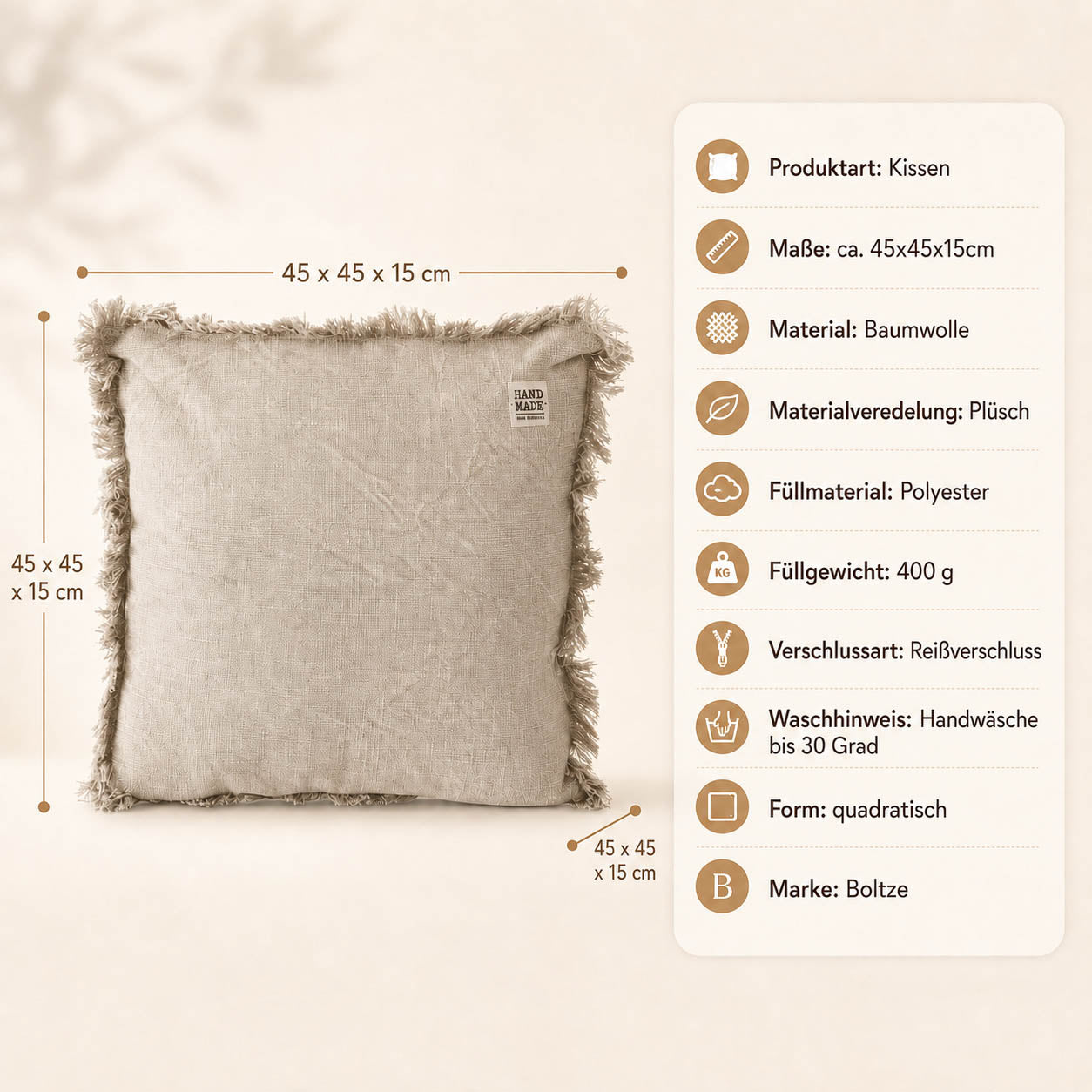 Boho Kissen „Lenea" beige – Maße und Materialangaben