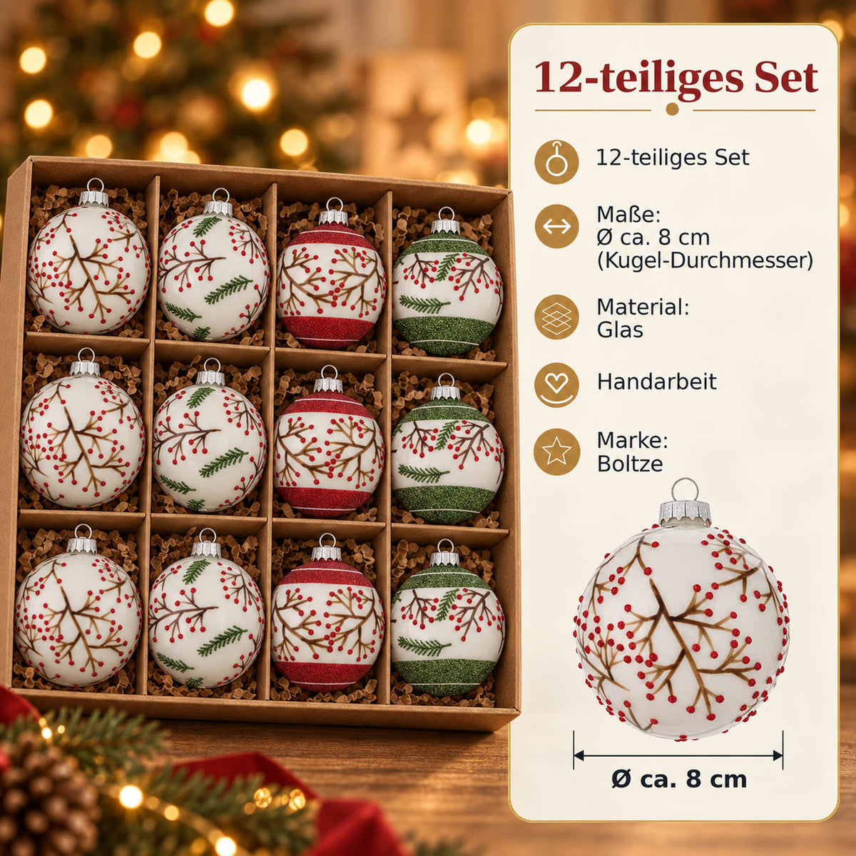 Infografik Weihnachtskugeln „Bjarne“: 12-teiliges Set, Ø ca. 8 cm, Glas, Handarbeit, Marke Boltze – weiße Kugel mit rotem Beerenzweig
