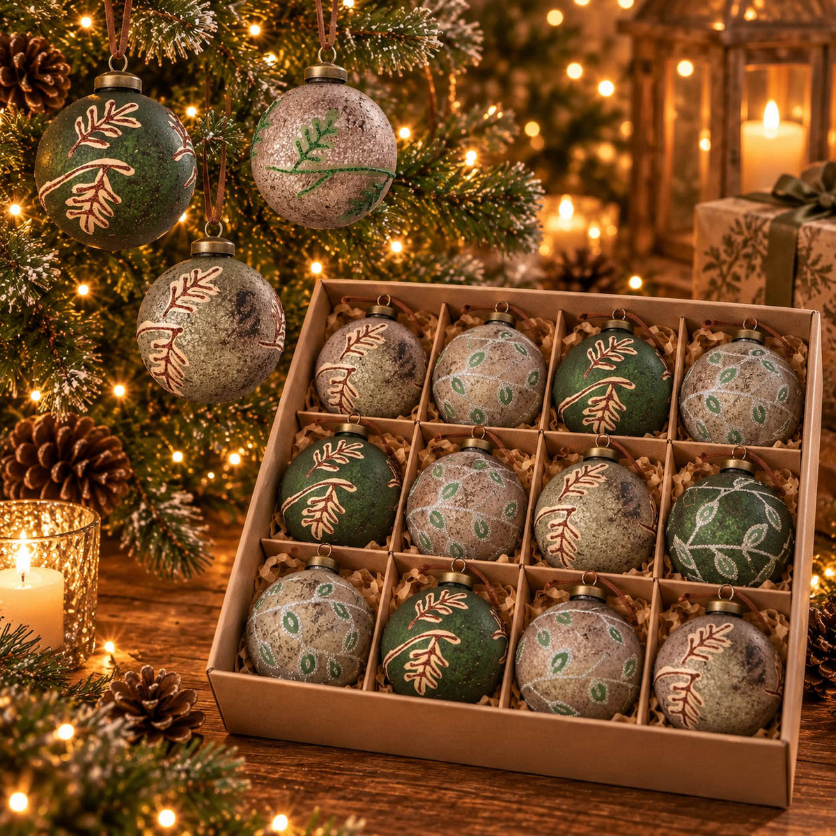 Weihnachtskugeln „Fayna“ Ø 8 cm in Beige und Grün mit Farnzweigen und Perlenranken in Antik-Optik am Tannenzweig, darunter die Box mit 12 Fächern – Glas, Handarbeit, Boltze