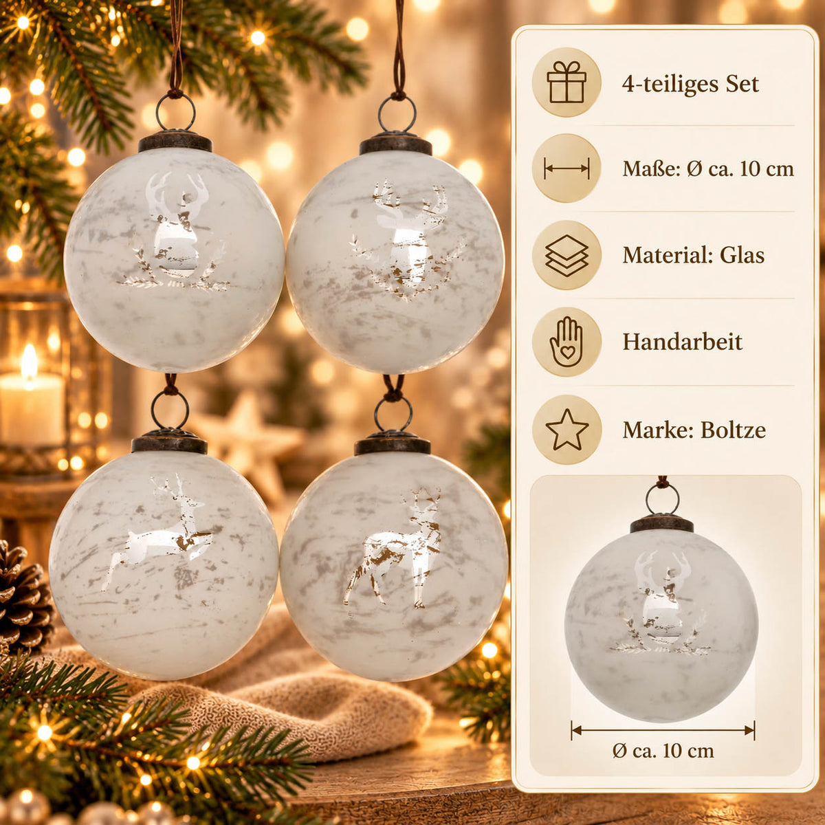 Infografik Weihnachtskugeln „Hirsch Rudolf“: 4-teiliges Set, Ø ca. 10 cm, Glas, Handarbeit, Marke Boltze – silberweiße Kugel mit Hirschkopf