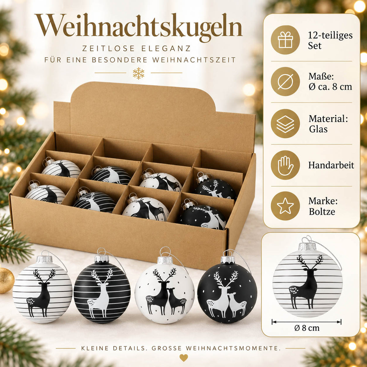 Infografik Weihnachtskugeln „Blacky“: 12-teiliges Set, Ø ca. 8 cm, Glas, Handarbeit, Marke Boltze – schwarz-weiße Kugeln mit Hirsch