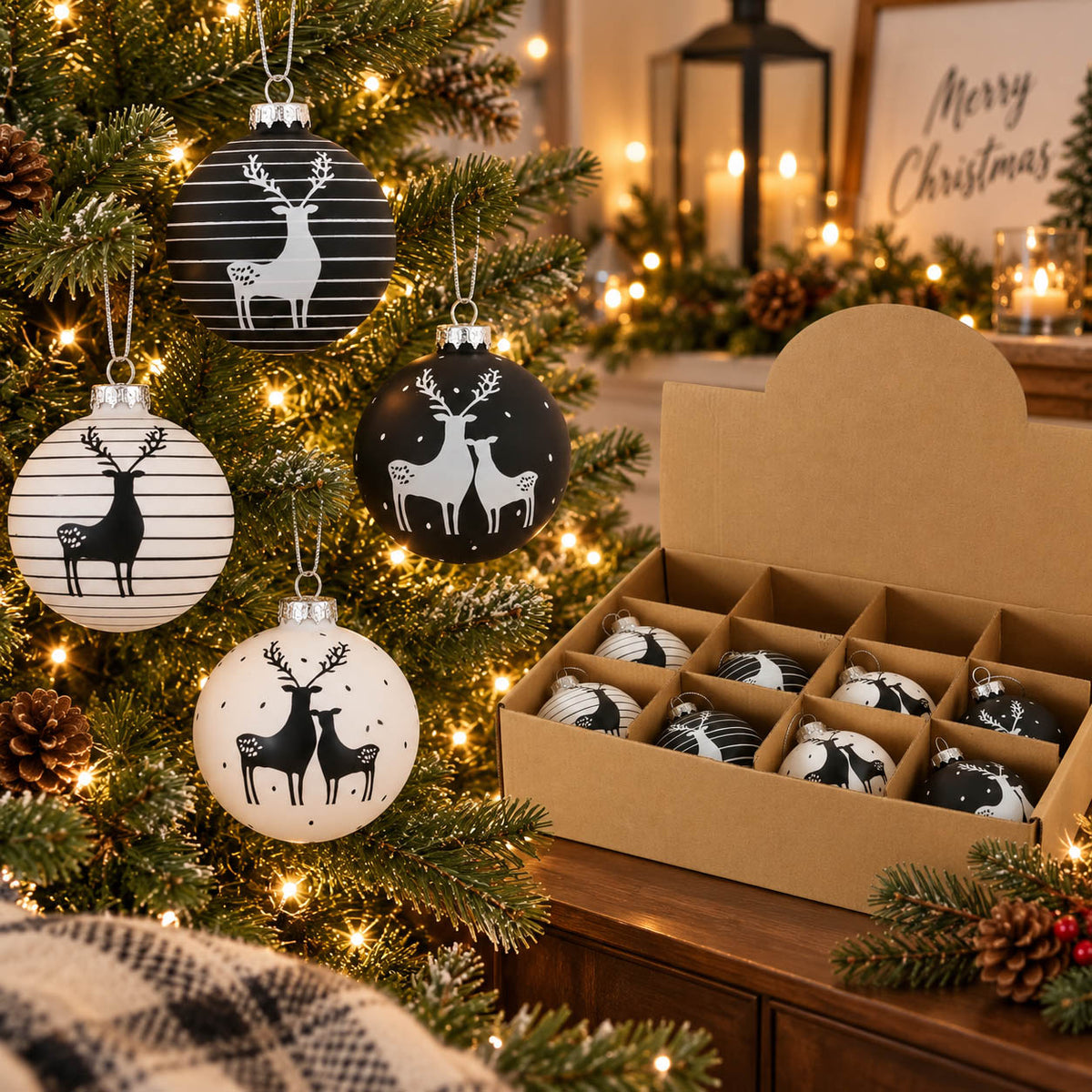 Weihnachtskugeln „Blacky“ schwarz-weiß mit Hirschmotiv Ø 8 cm in der Geschenkbox mit 12 Fächern und vier Kugeln davor – moderner Christbaumschmuck aus Glas, Boltze