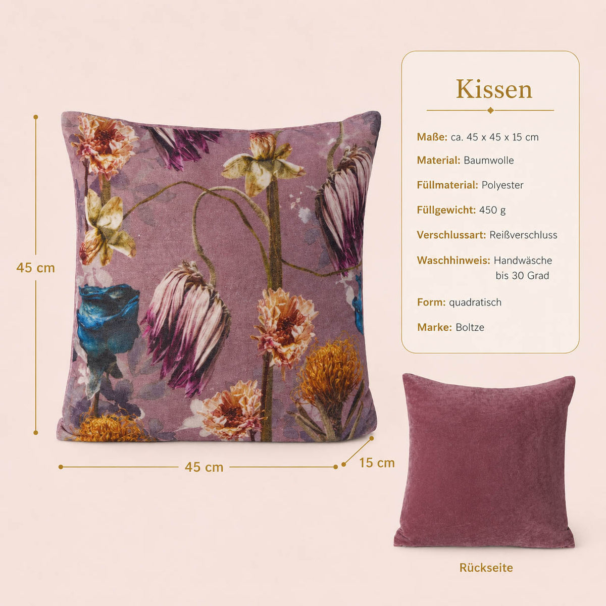 Produktdetails Sofakissen Floral weinrot: 45x45x15 cm, Baumwolle, Füllung 450 g, Rückseite einfarbig