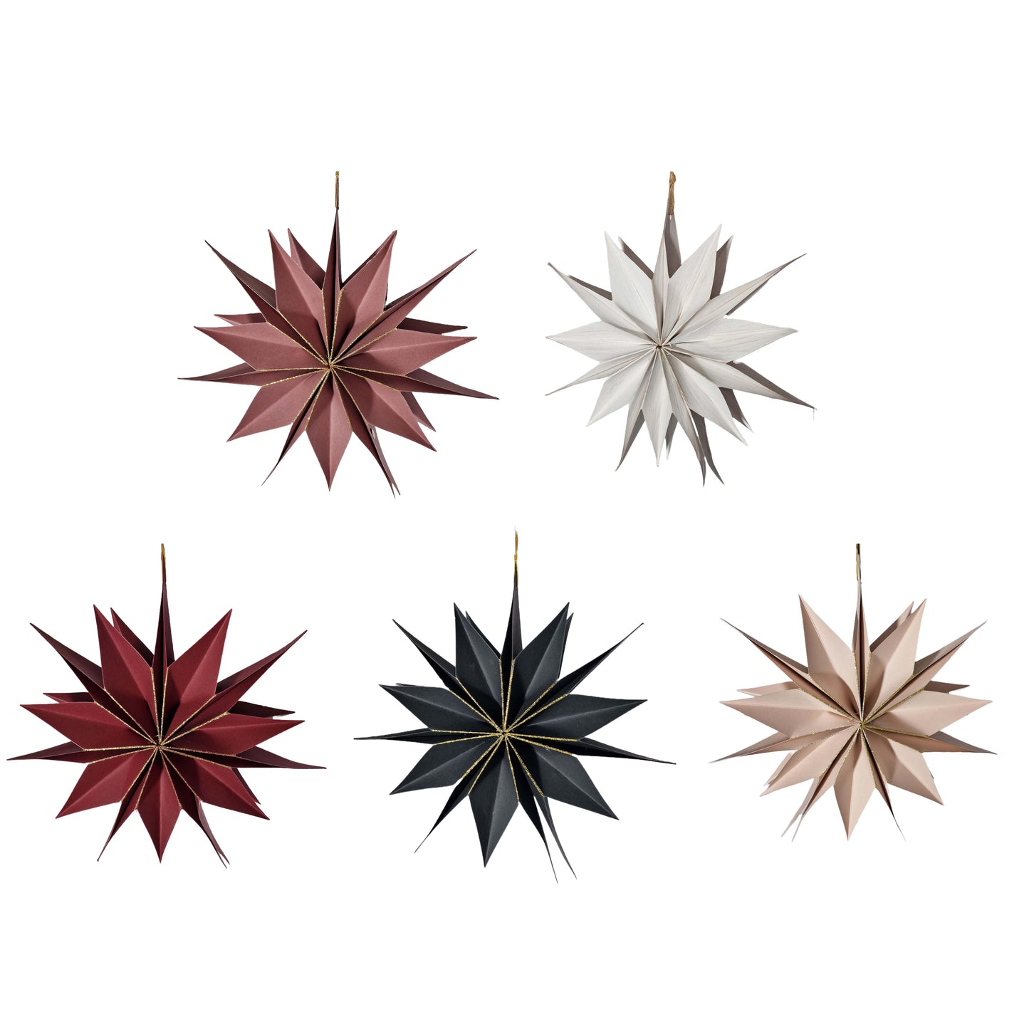 Papier Sterne von Boltze in den Farben sanftes Rosa, Dunkelrosa, Weinrot, Schwarz und Weiß mit Holzoptik