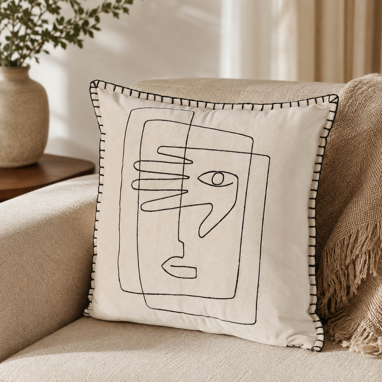 Cremeweißes Kissen mit Gesicht auf einem Sessel im Boho-Look