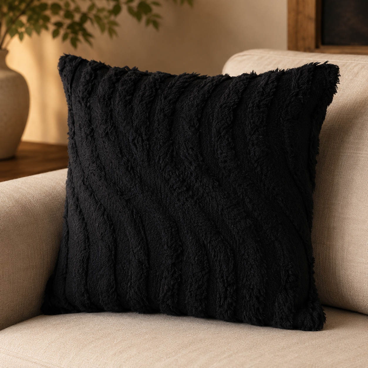 Schwarzes getuftetes Sofakissen mit Wellenmuster auf hellem Sofa
