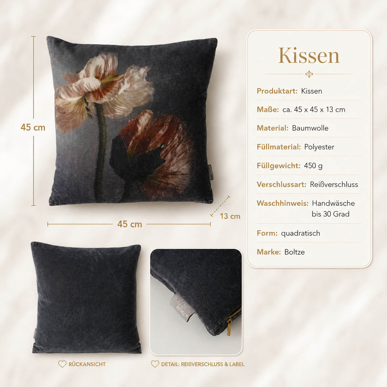 Produktdetails Dekokissen grau: 45x45x13 cm, Baumwolle, Füllung 450 g, Reißverschluss