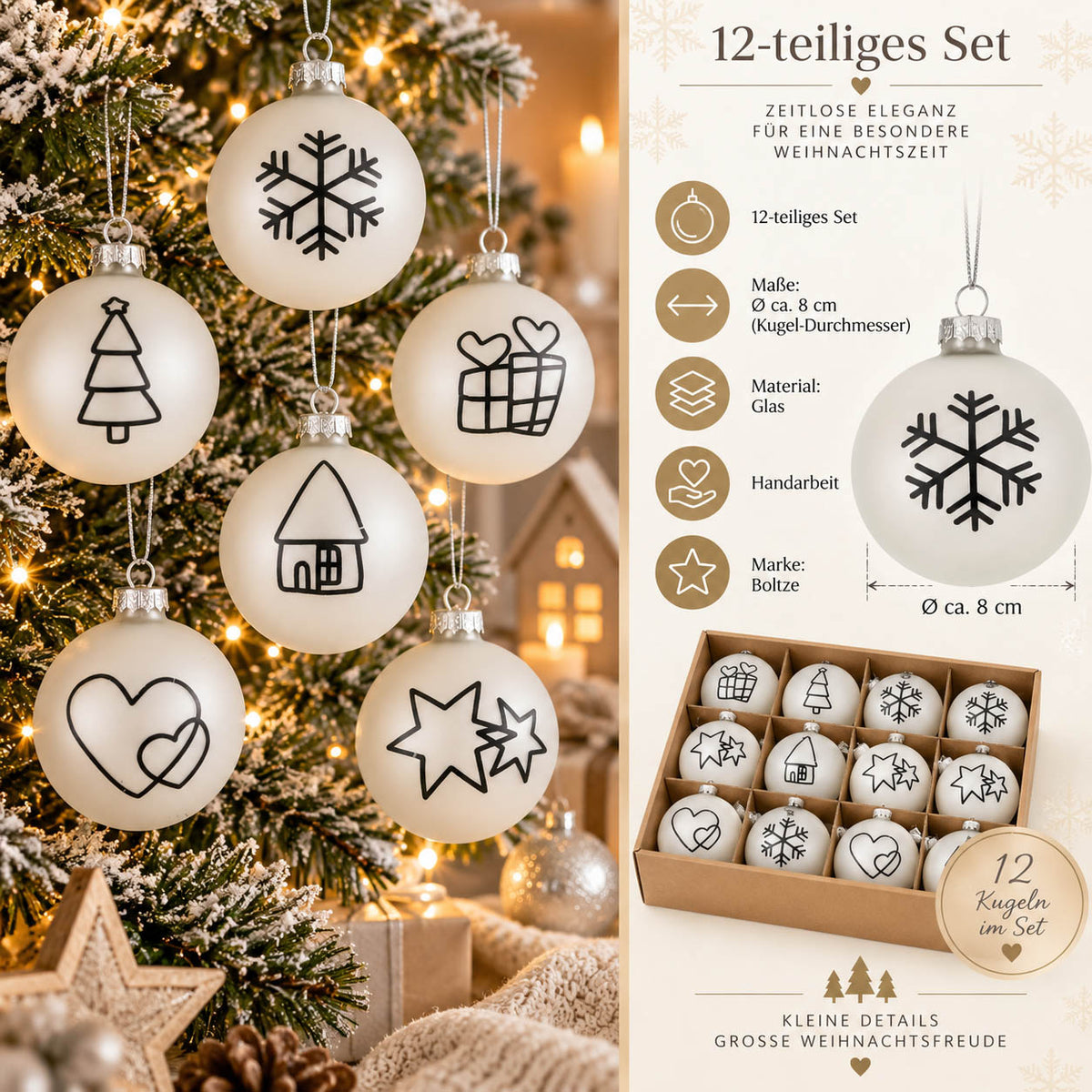 Infografik Weihnachtskugeln „Matti“: 12-teiliges Set, Ø ca. 8 cm, Glas, Handarbeit, Marke Boltze – weiße Kugel mit schwarzer Schneeflocke