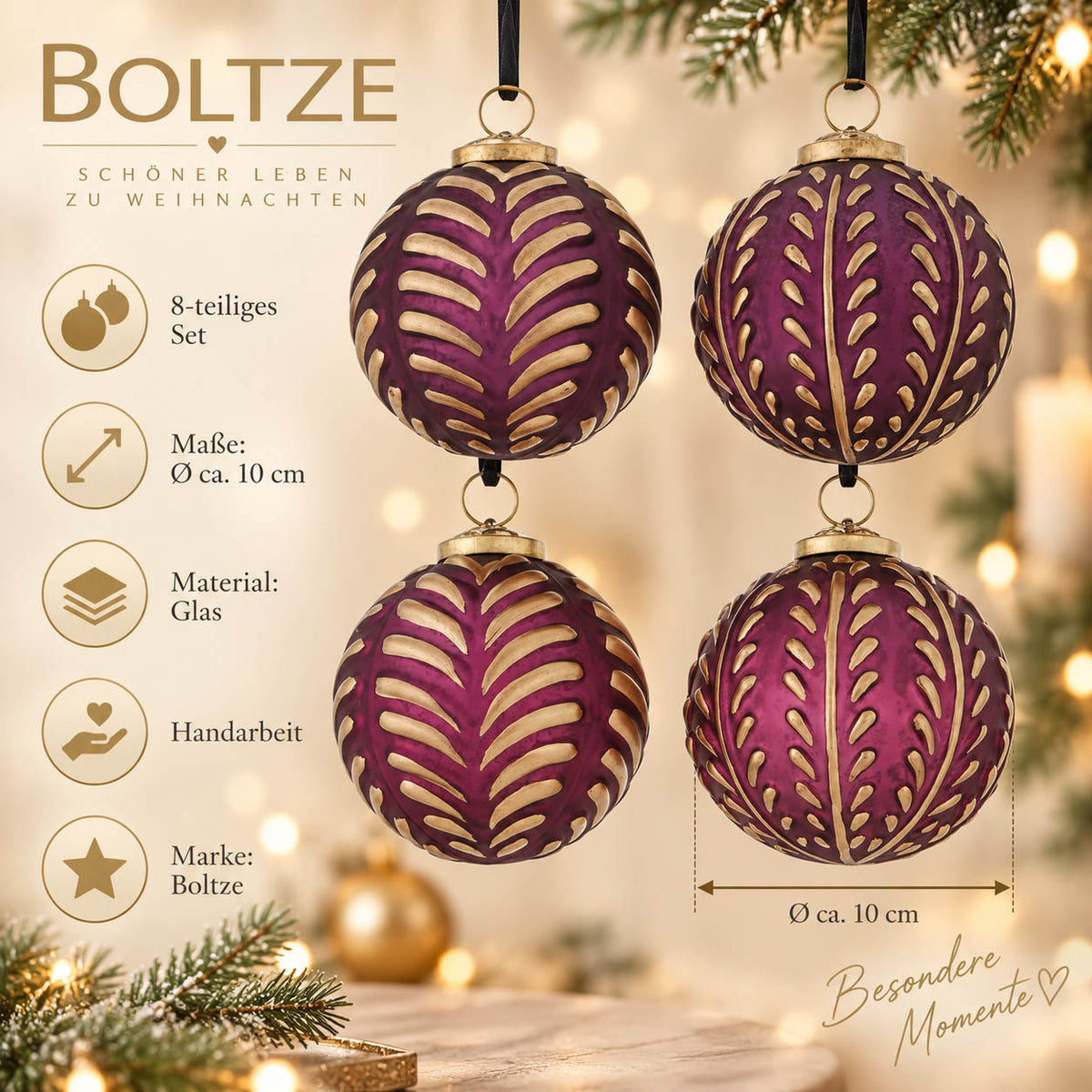 Infografik Weihnachtskugeln „Olpar“: 8-teiliges Set, Ø ca. 10 cm, Glas, Handarbeit, Marke Boltze – lila Kugel mit goldenem Relief