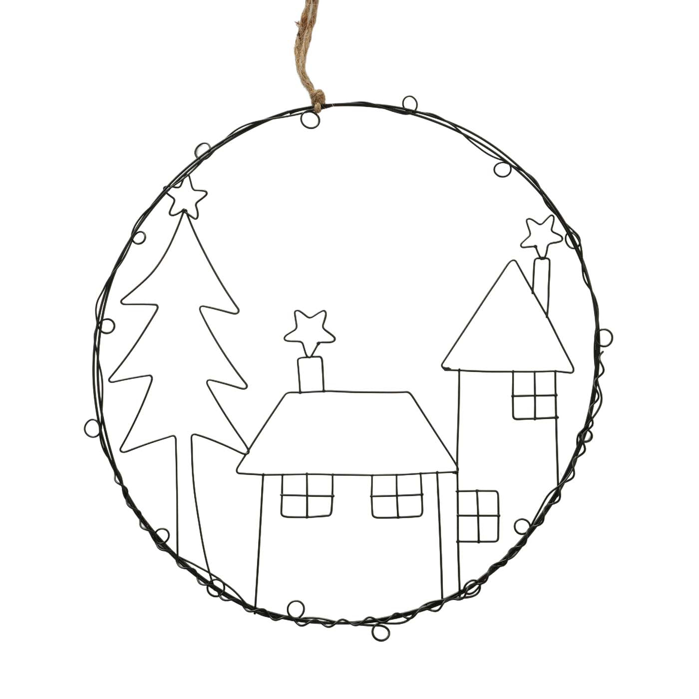 Runder Deko-Hänger Ø 30 cm aus schwarzem Metalldraht von Boltze. Mit Motiv: Haus – stilvolle Weihnachtsdeko aus Eisen.