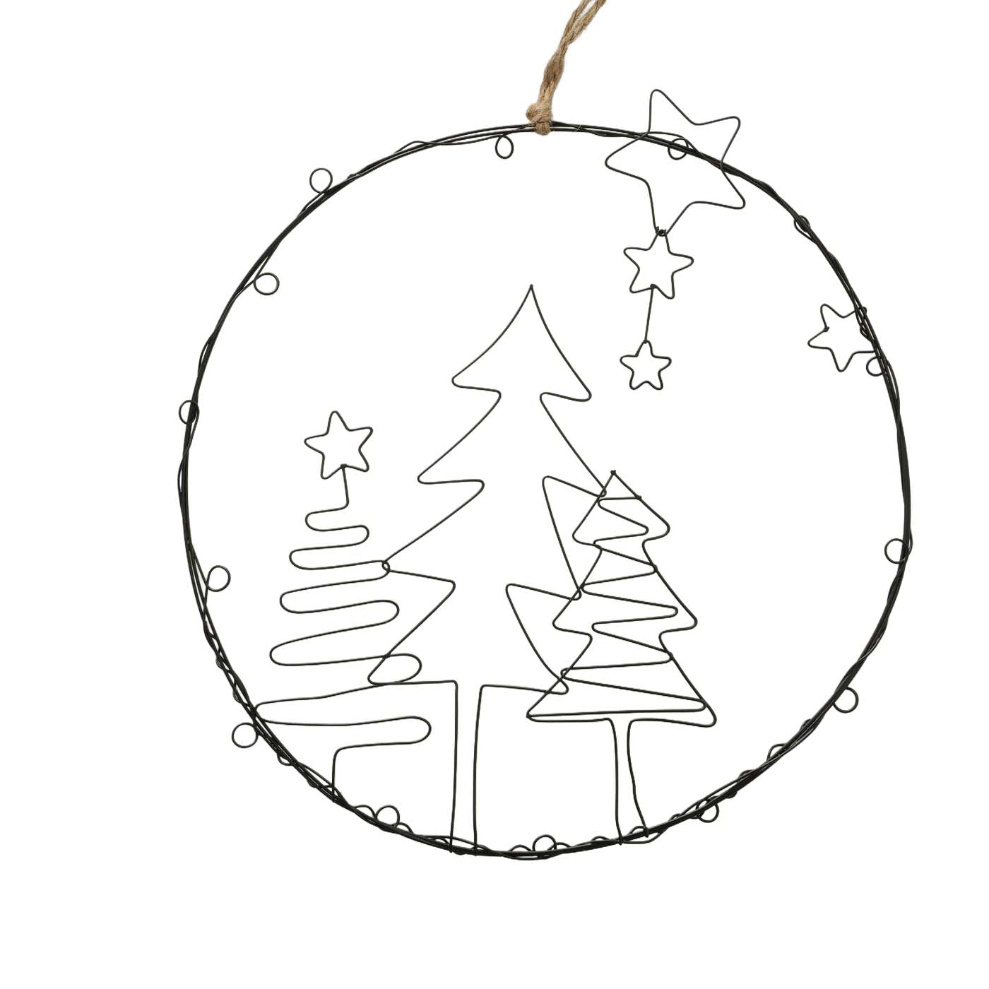 Runder Deko-Hänger Ø 30 cm aus schwarzem Metalldraht von Boltze. Mit Motiv: Wald – stilvolle Weihnachtsdeko aus Eisen.