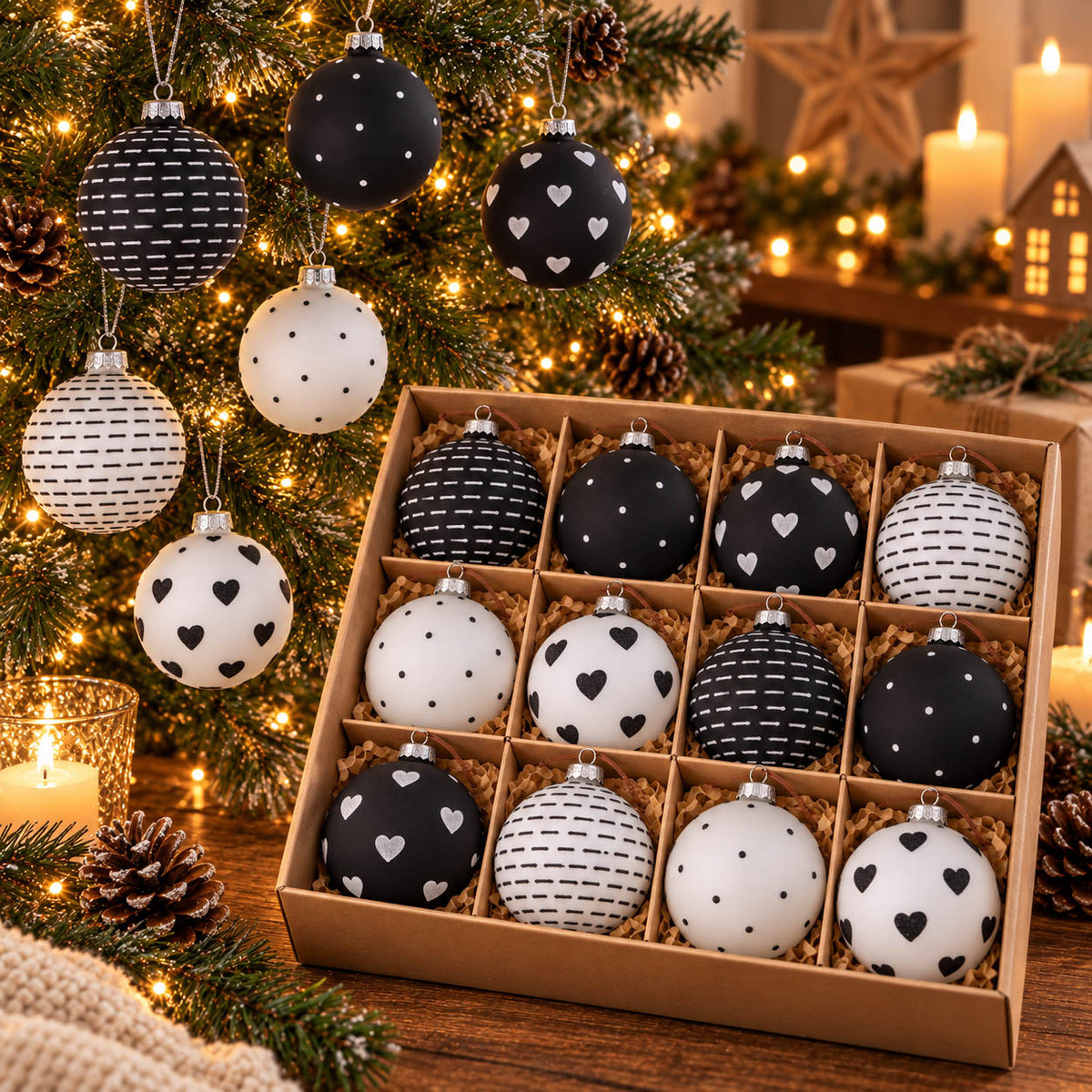 Weihnachtskugeln „Illum“ Ø 8 cm in Schwarz und Silberweiß mit Strichen, Punkten und Herzen in der Box mit 12 Fächern – Glas matt, Handarbeit, Boltze