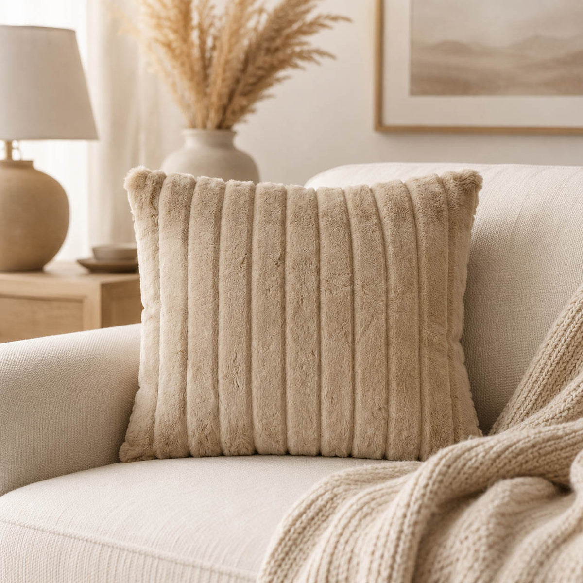 Produktdetails Kuschelkissen beige: 45x45x15 cm, Füllung 350 g, Reißverschluss, Rückseite Samt