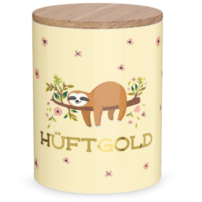 308677 gelbe Vorratsdose mit Spruch Hüftgold und Faultier Motiv von Geschenk für Dich , 4027268335626