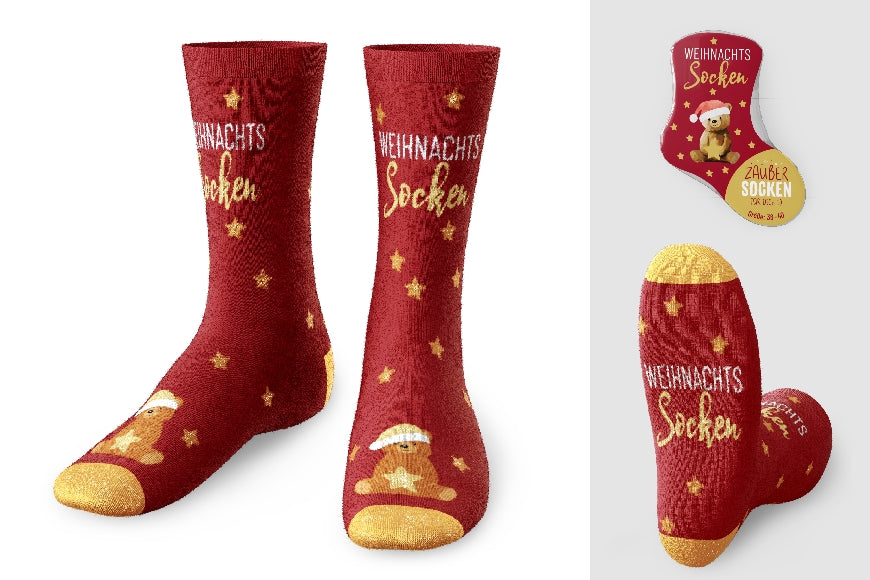 Zaubersocken von Geschenk für Dich mit Aufschrift Weihnachtssocken und Weihnachts-Teddy Motiv