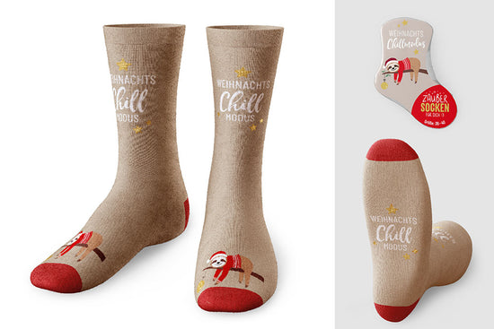 Zaubersocken von Geschenk für Dich mit Aufschrift Weihnachts Chill Modus und weihnachtliches Faultier Motiv, Weihnachtssocken
