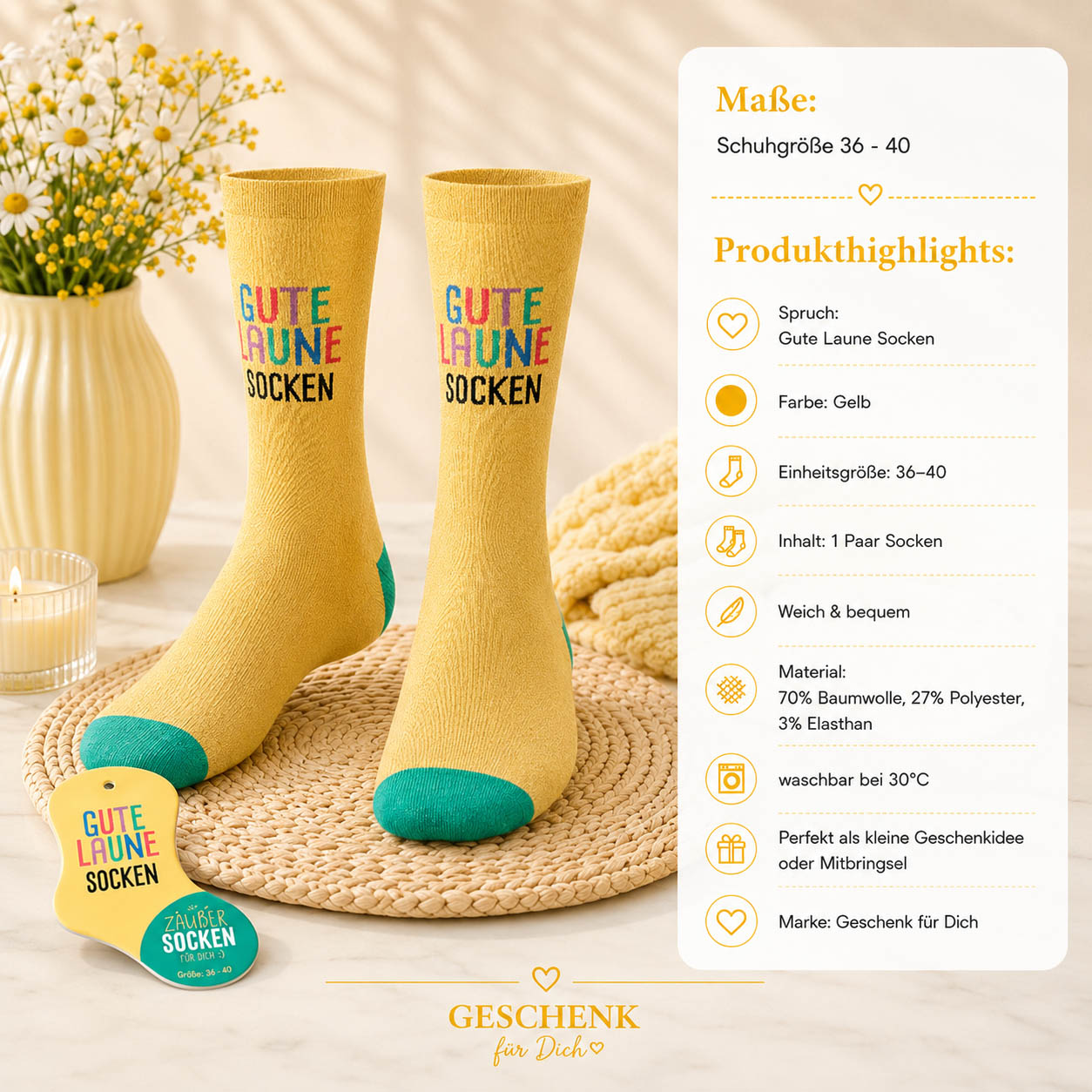Zaubersocken „Gute Laune Socken“ Gelb – Geschenk für Dich (Highlight)