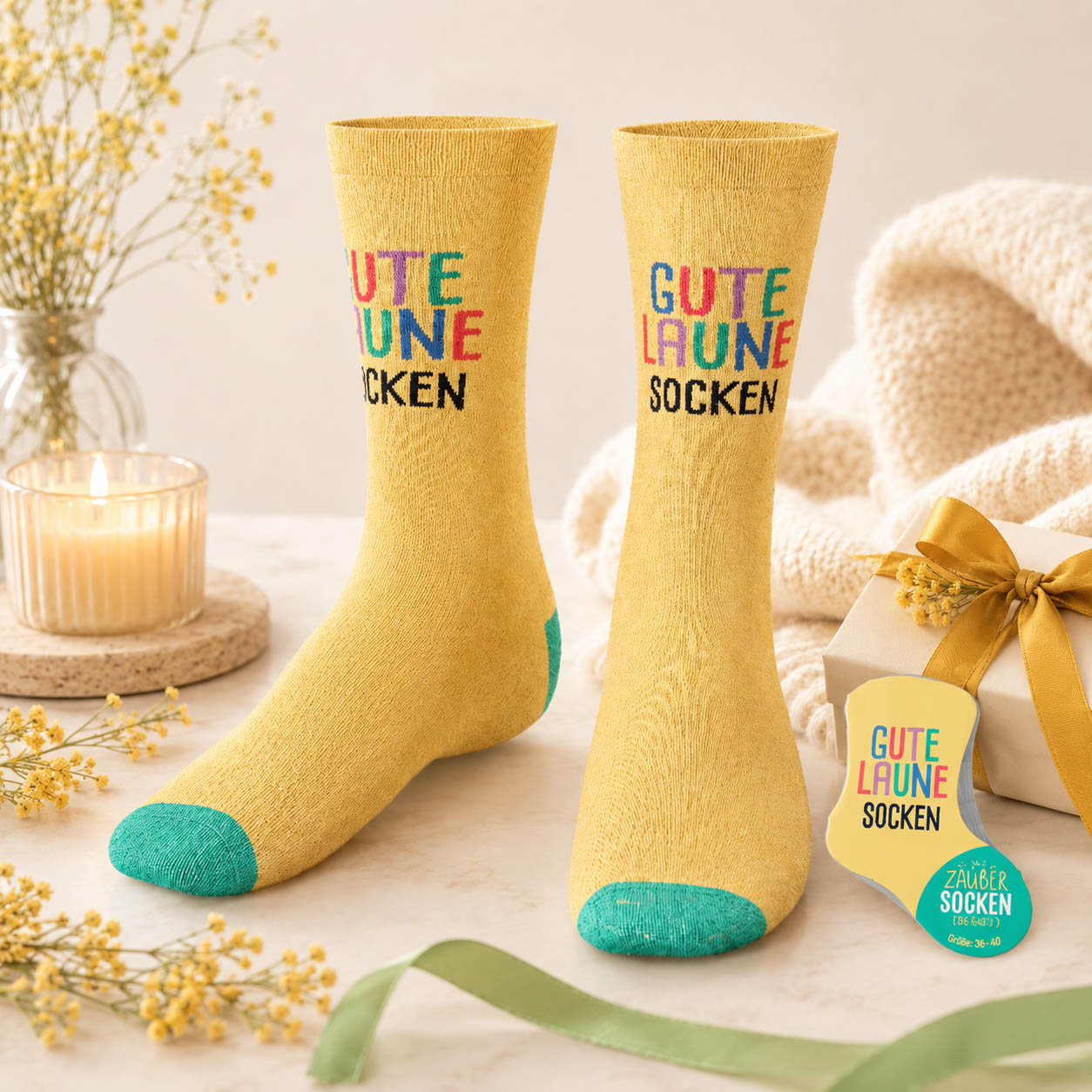 Zaubersocken „Gute Laune Socken“ Gelb – Geschenk für Dich (Moodbild)