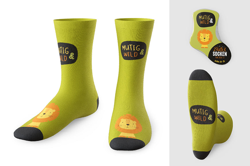 375334 Geschenk für Dich Zaubersocken Mutig und Wild, Grüne Kindersocken mit Löwe