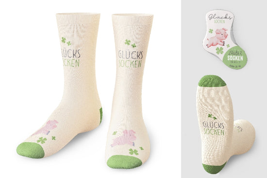 Zaubersocken von Geschenk für Dich mit Aufschrift Glückssocken mit Motiv Glücksschwein und Kleeblättern