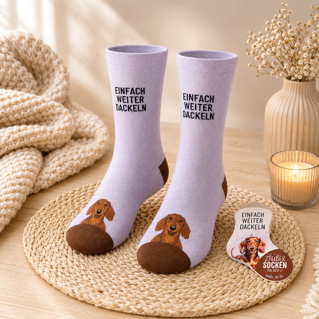 Zaubersocken Einfach weiter dackeln mit Dackel auf gemütlicher Deko-Szene mit Lavendel und Kerze