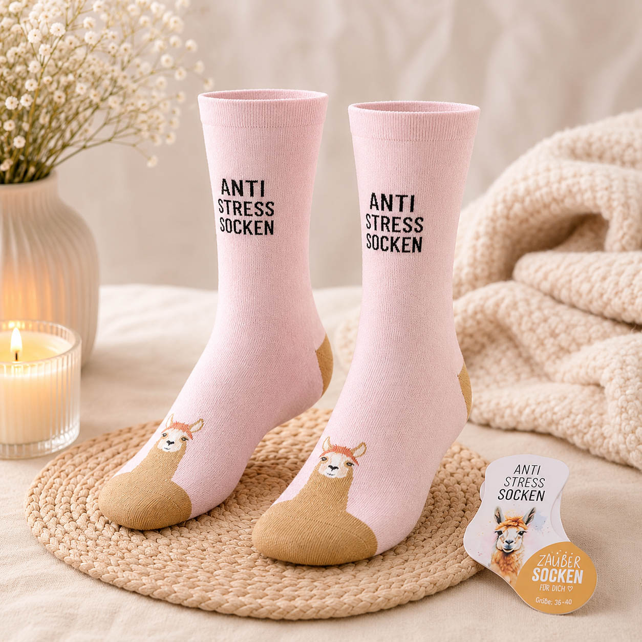 Zaubersocken Anti Stress Socken mit Lama auf gemütlicher Deko-Szene mit Trockenblumen und Kerze