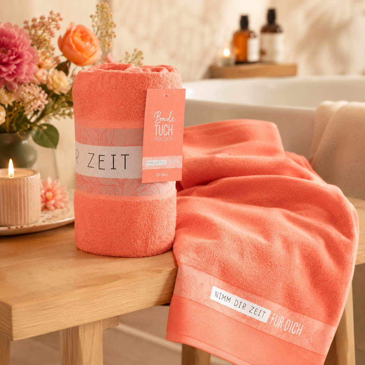 Badetuch Nimm Dir Zeit für Dich koralle in Anwendung, Saunatuch von Geschenk für Dich
