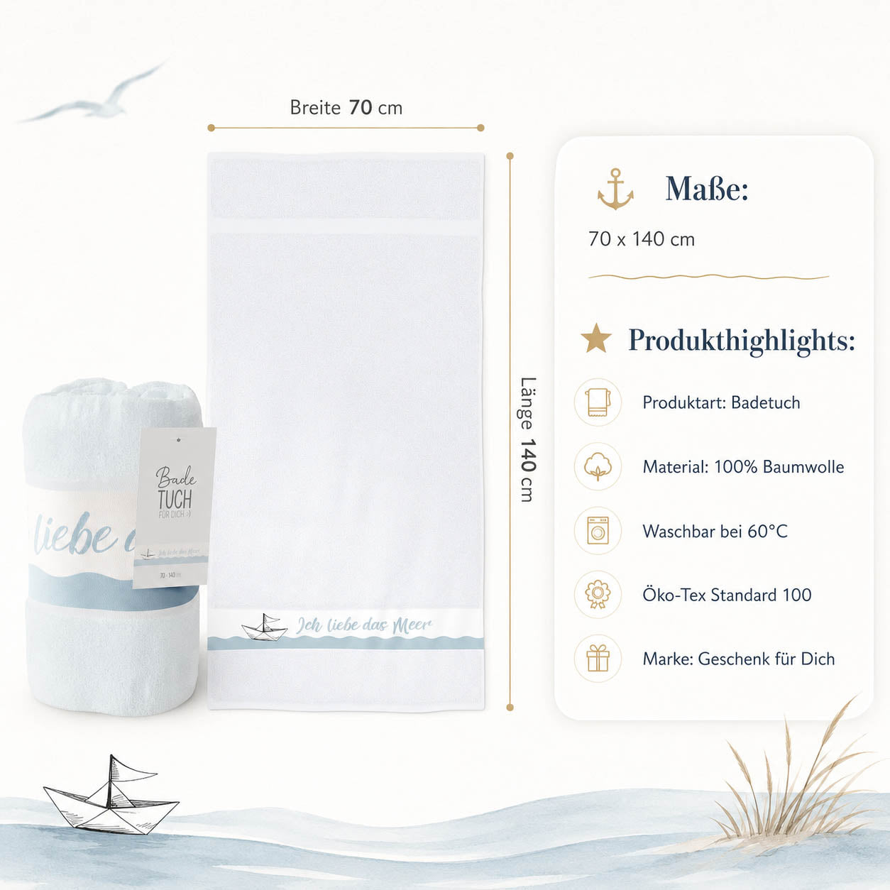 Infografik Badetuch Ich liebe das Meer: 70x140 cm, 100% Baumwolle, waschbar 60°C, Öko-Tex Standard 100