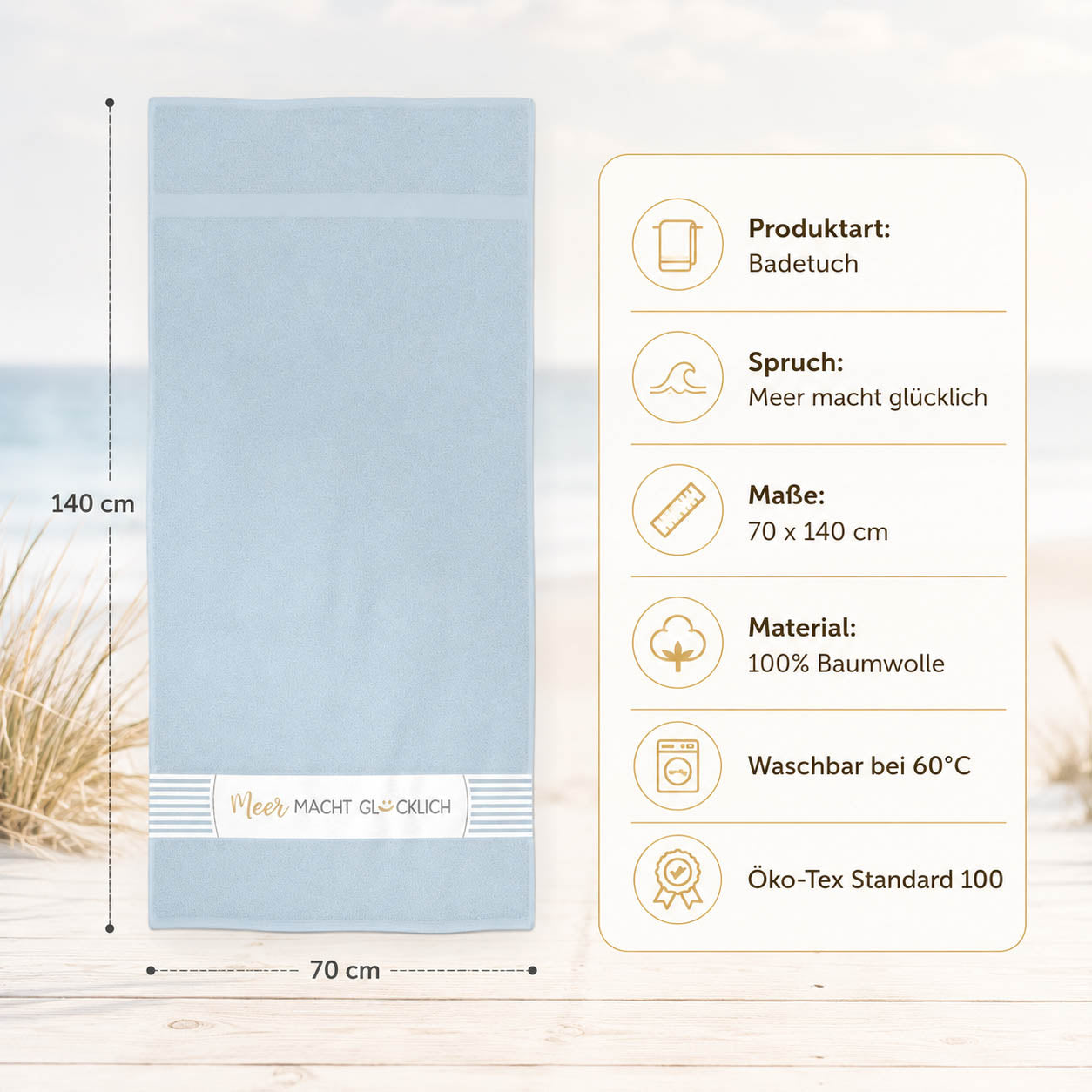 Infografik Badetuch Meer macht glücklich: 70x140 cm, 100% Baumwolle, waschbar 60°C, Öko-Tex Standard 100