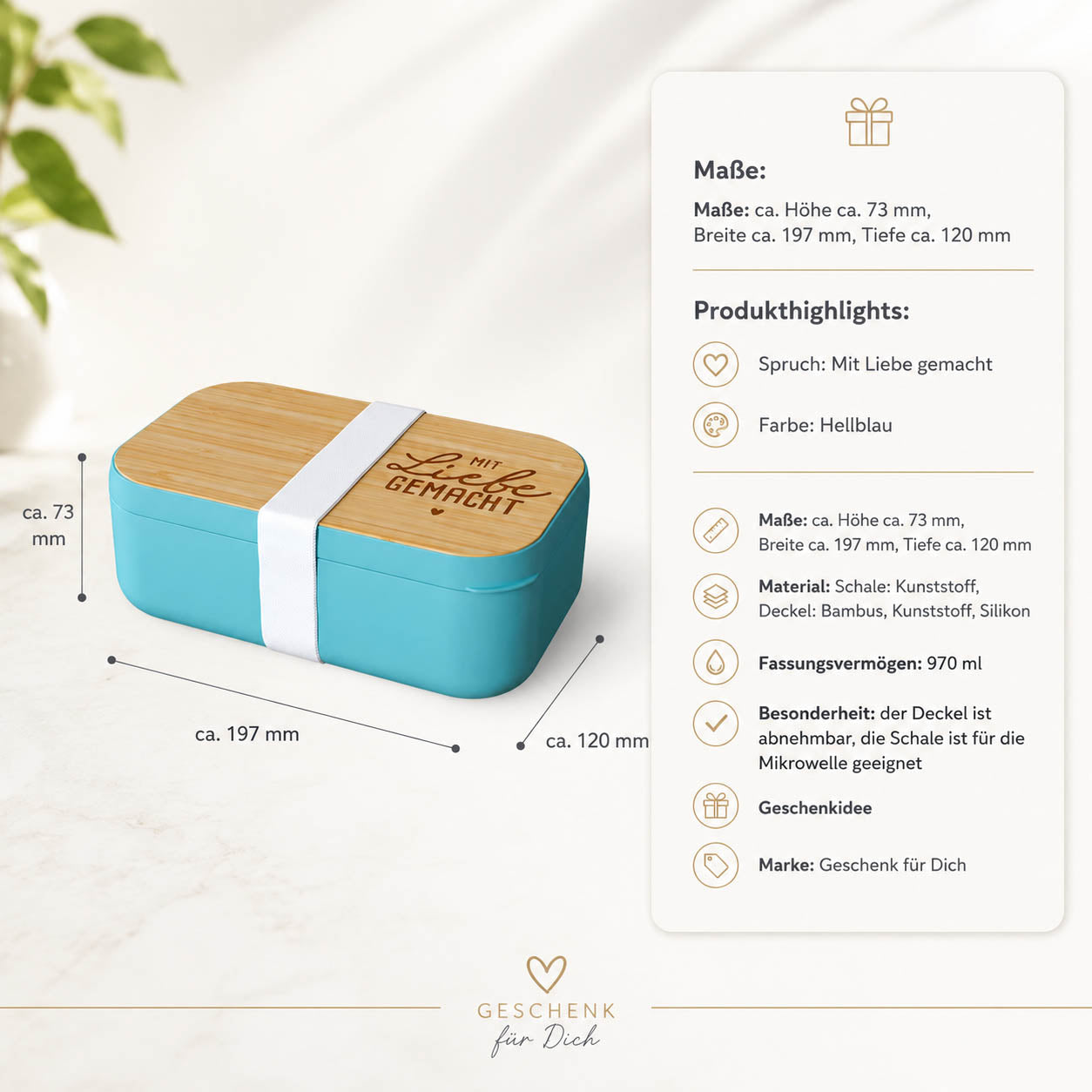 Brotdose „Mit Liebe gemacht" Detailansicht Bambus-Deckel – Happy Greetings