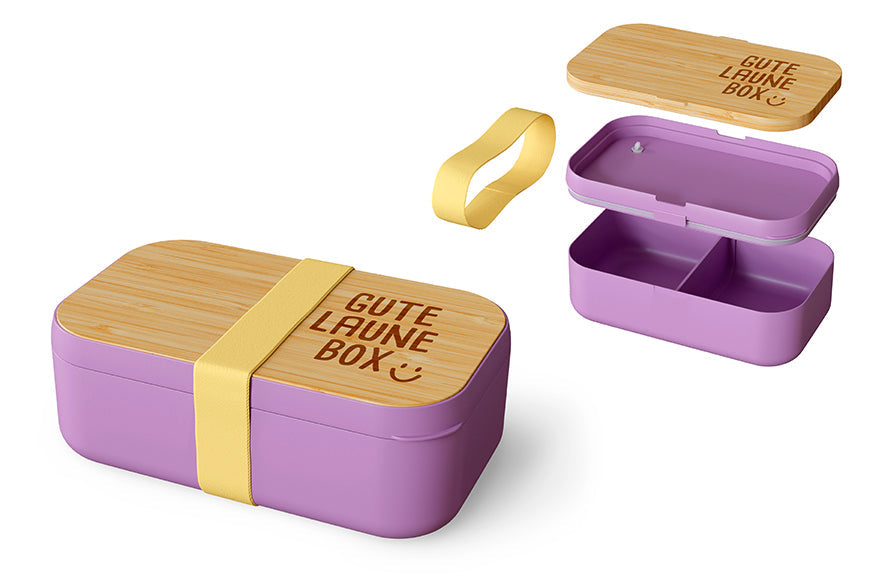 Brotdose „Gute Laune Box" in Violett mit Bambus-Deckel – Happy Greetings