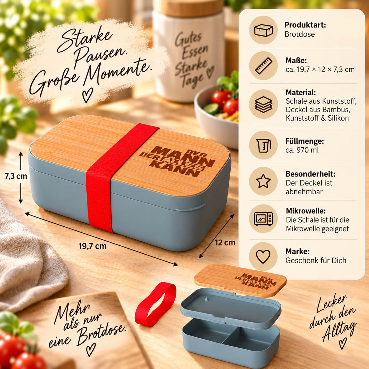 Brotdose für Männer „Der Mann der alles kann“ Infografik: 970 ml, 19,7 × 12 × 7,3 cm