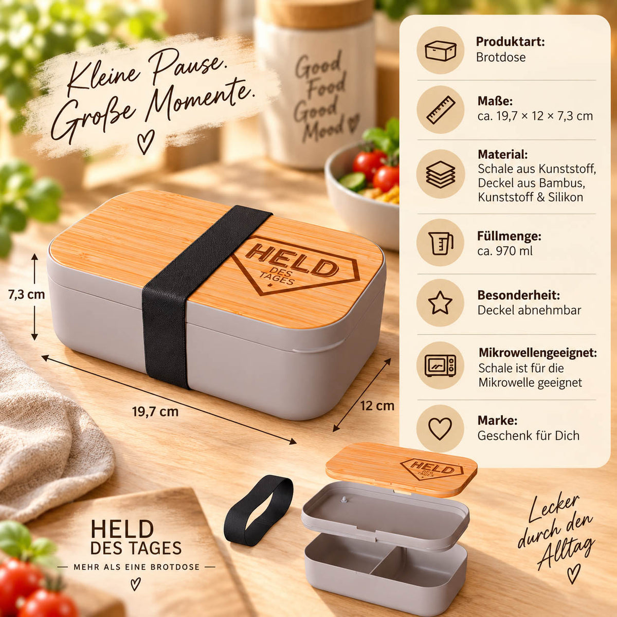 Brotdose „Held des Tages“ Infografik: 970 ml, 19,7 × 12 × 7,3 cm, Deckel aus Bambus