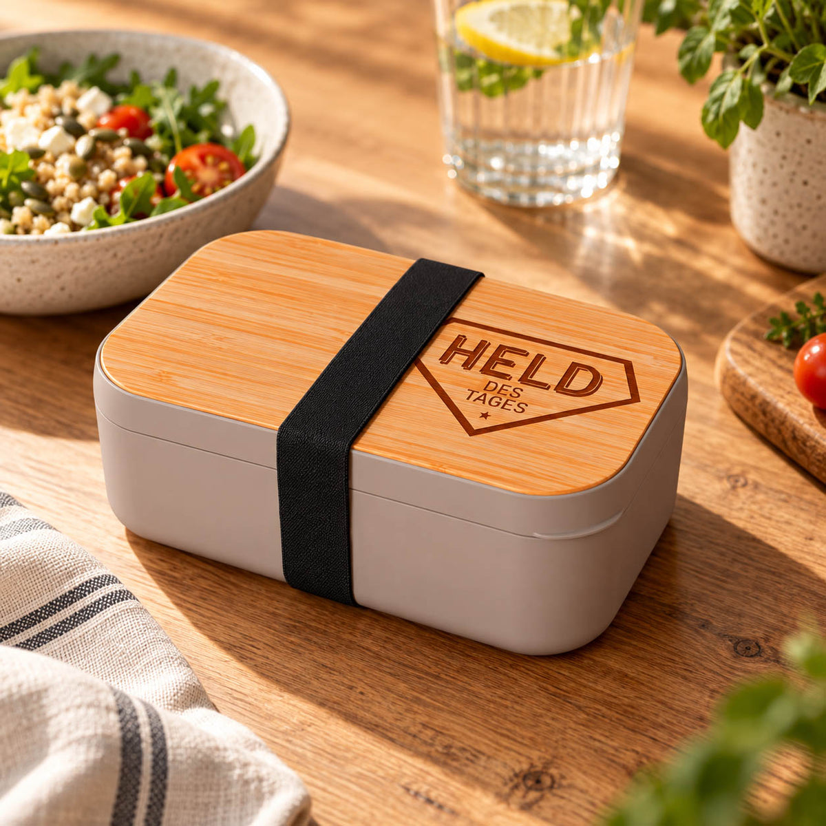 Brotdose „Held des Tages“ in Grau mit Bambusdeckel – Stimmungsbild