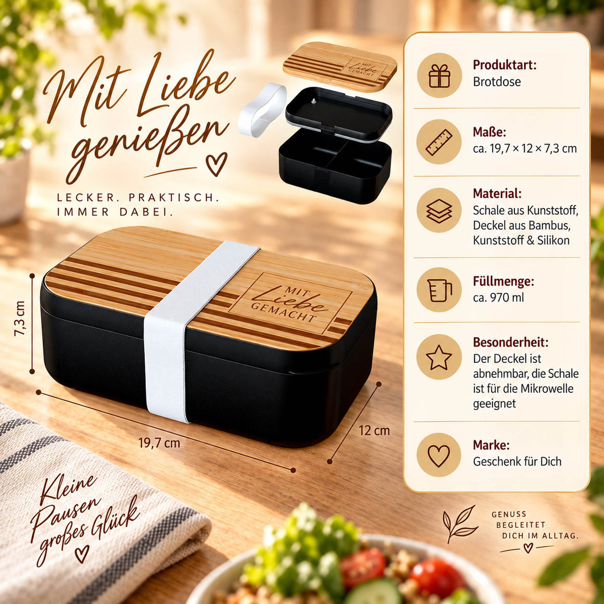 Brotdose „Mit Liebe gemacht“ Schwarz Infografik: 970 ml, 19,7 × 12 × 7,3 cm, Deckel aus Bambus