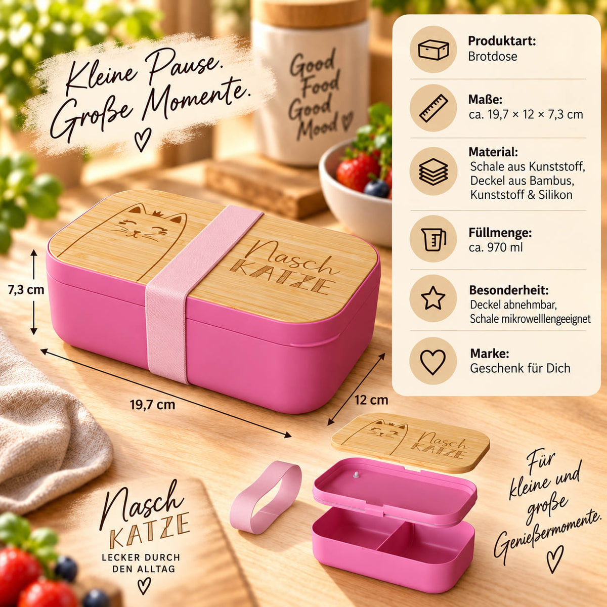 Brotdose „Naschkatze“ Infografik: 970 ml, 19,7 × 12 × 7,3 cm, Deckel aus Bambus