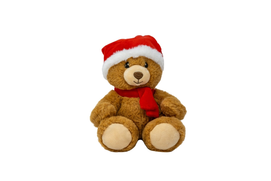 Kuscheltier Weihnachtsbär mit roter Mütze und Schal, braunes Plüschtier, ca. 200x180x190 mm – Geschenk für Dich