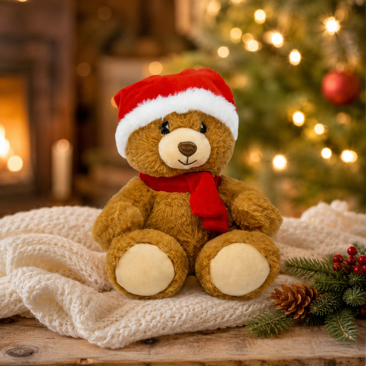 Weihnachtsbär Kuscheltier mit Mütze und Schal in festlicher Weihnachtsszene mit Lichtern