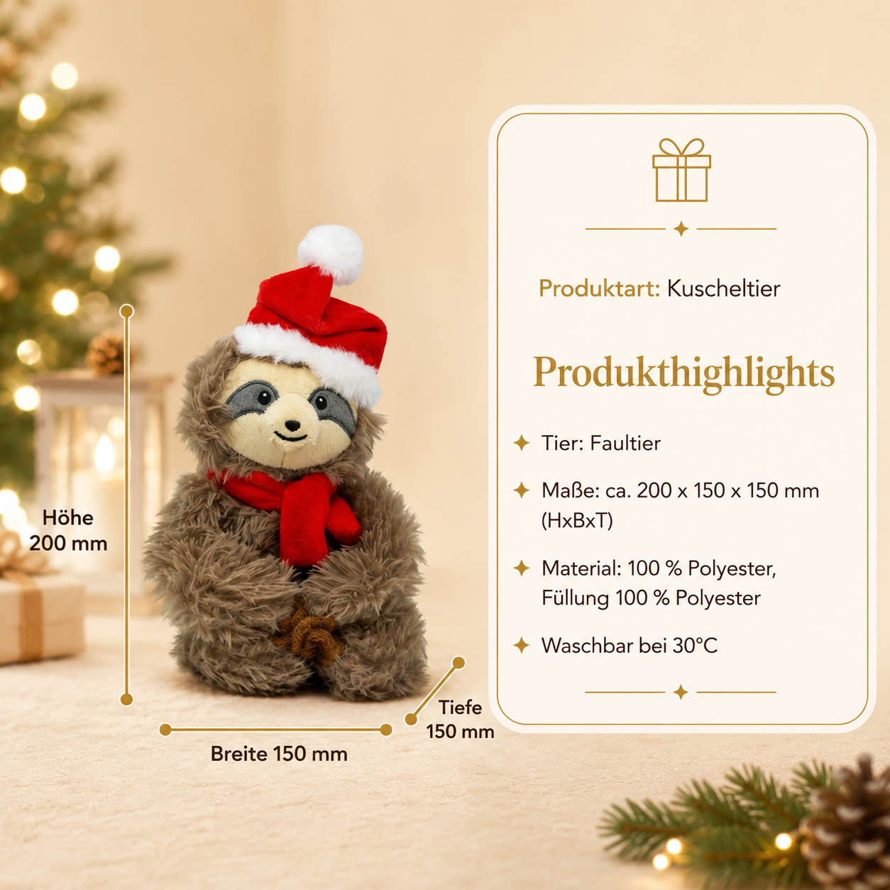 Infografik Kuscheltier Weihnachts-Faultier – Maße 200x150x150 mm, 100% Polyester, waschbar bei 30 Grad