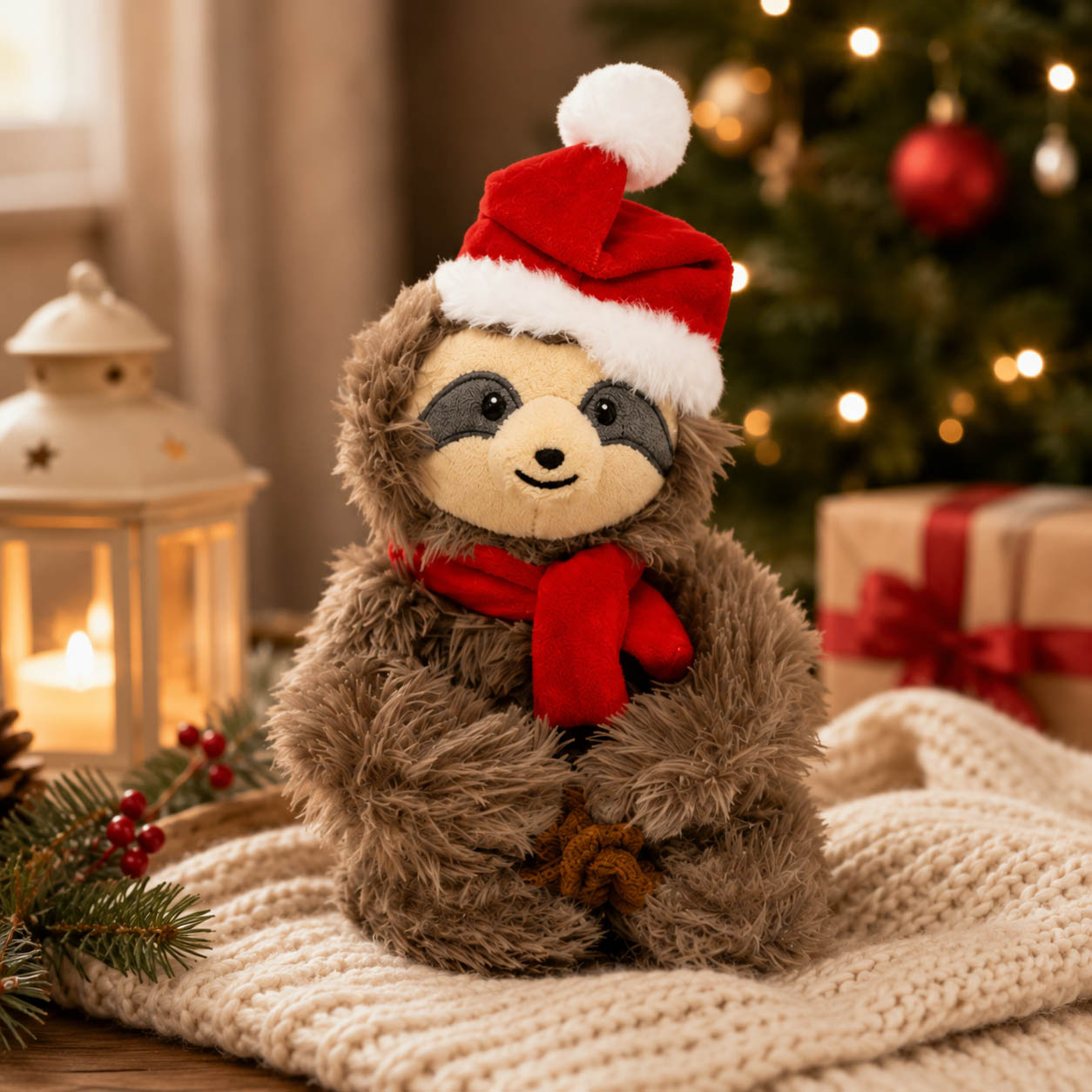 Weihnachts-Faultier Kuscheltier mit Mütze und Schal in festlicher Weihnachtsszene mit Lichtern